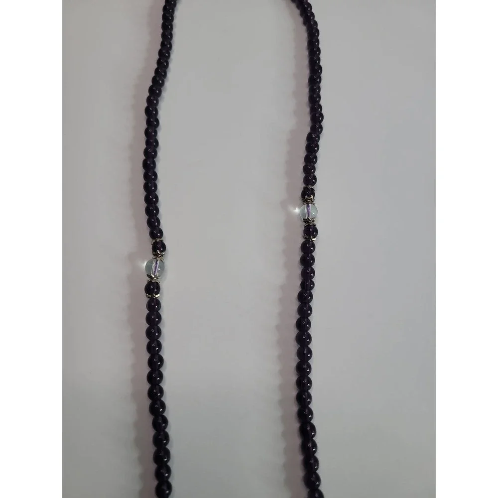 Purple Beaded Long Necklace Silver Tone Accent Drop Boho Layering Statement